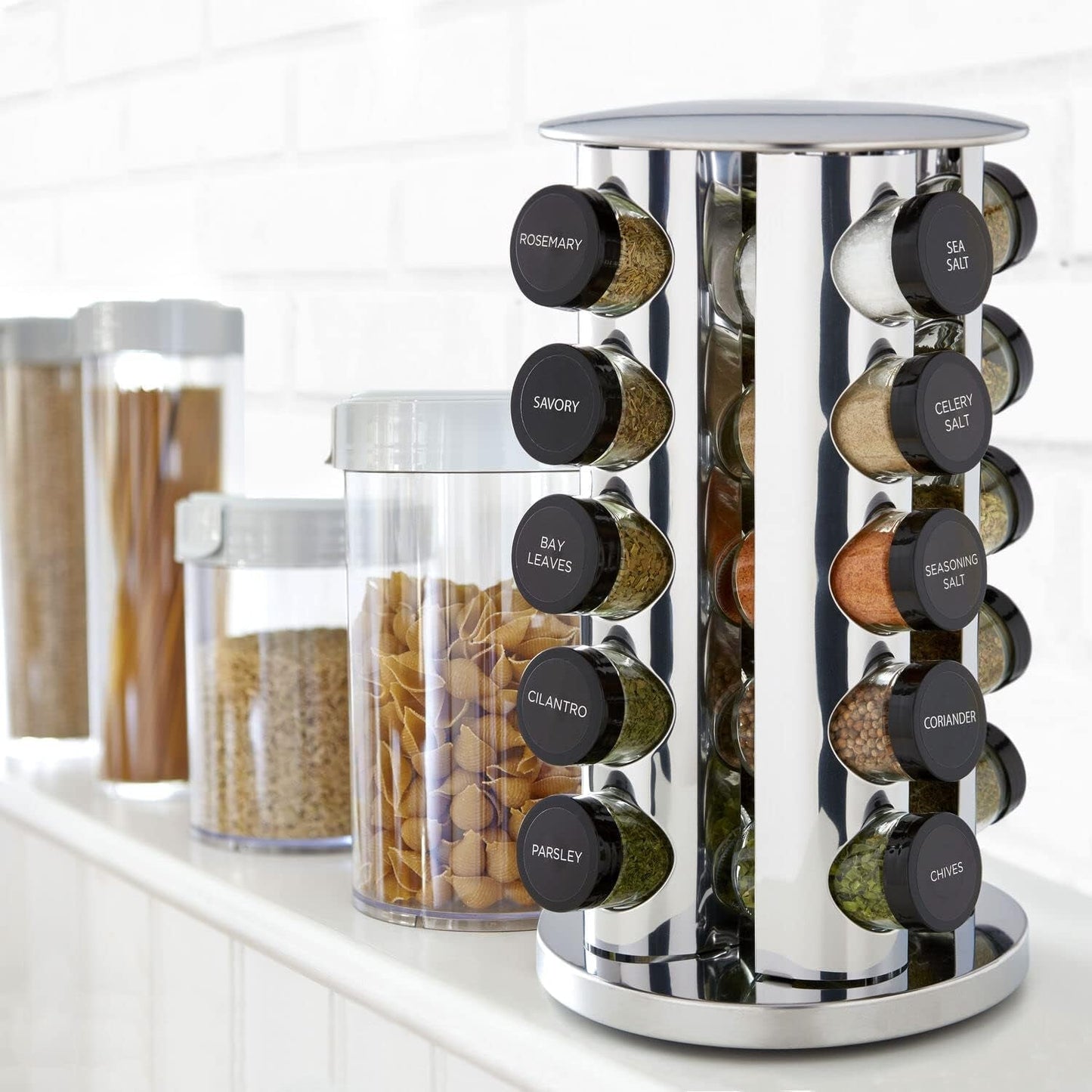 20 Jar Revolving Countertop Spice Rack with Spices Included, FREE Spice Refills for 5 Years, Polished Stainless Steel with Black Caps, 30020