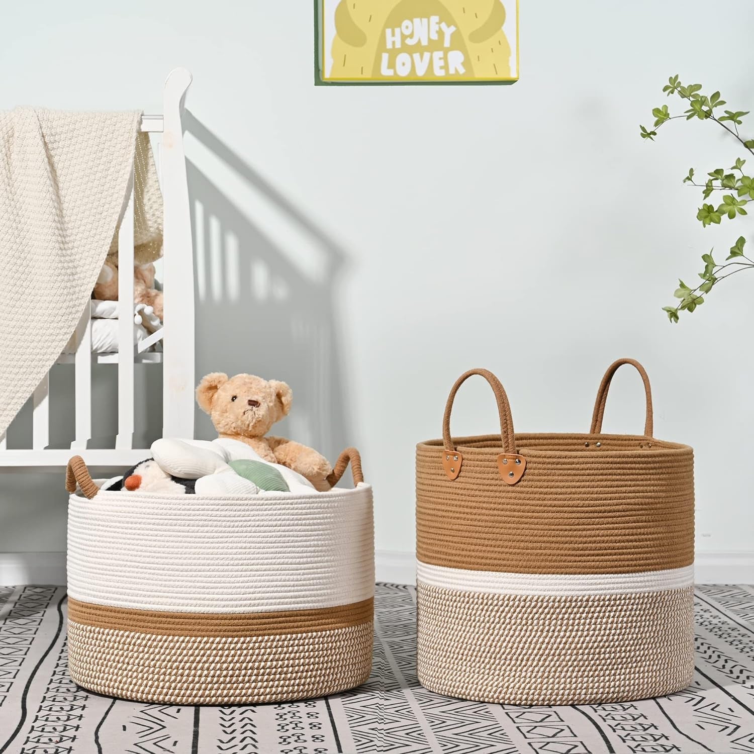 Large Blanket Basket (20"X13"),Woven Baskets for Storage Baby Laundry Hamper, Cotton Rope Blanket Basket for Living Room, Laundry, Nursery, Pillows, Baby Toy Chest (White/Brown)