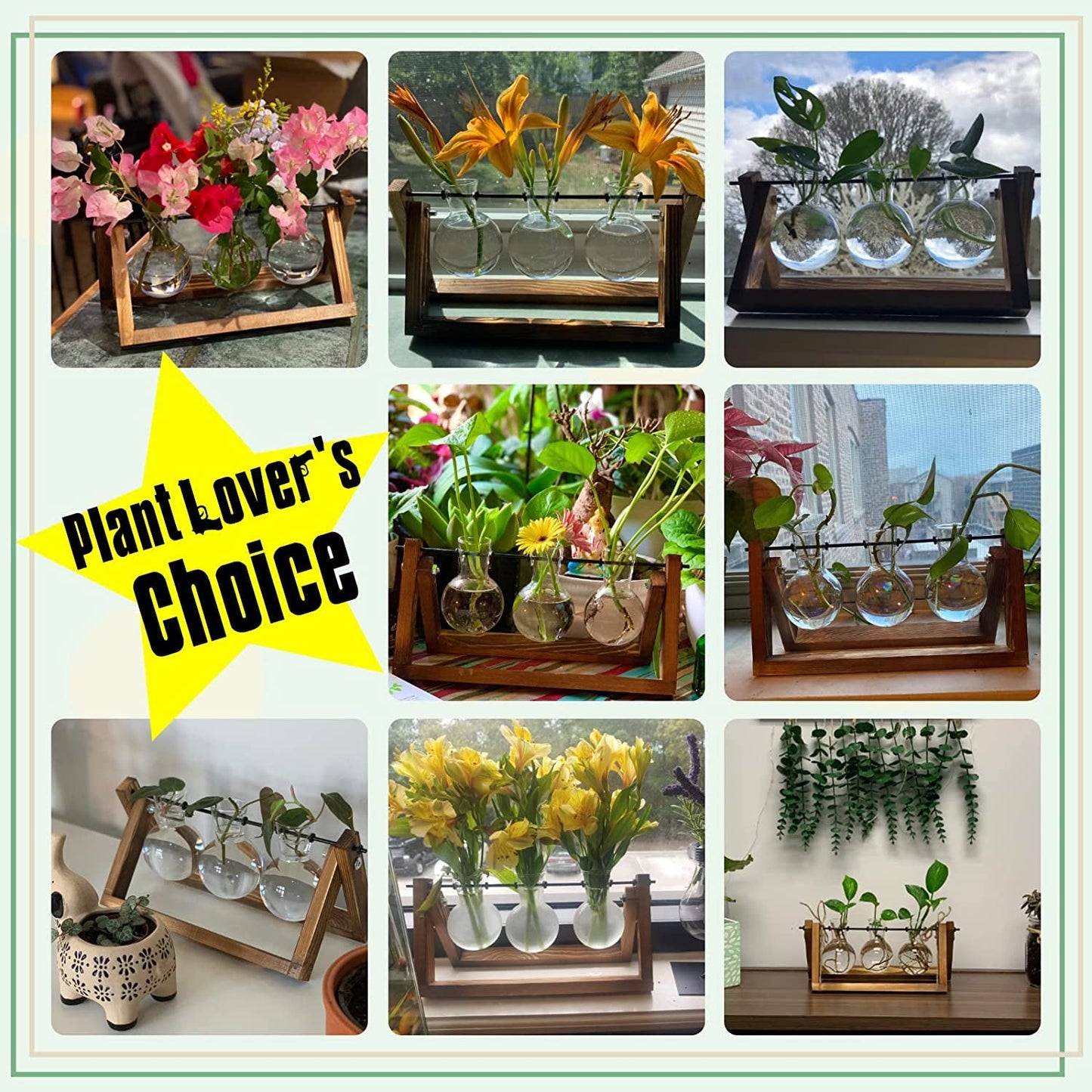 Plant Terrarium with Wooden Stand, Air Planter Bulb Glass Vase Metal Swivel Holder Retro Tabletop for Hydroponics Home Garden Office Decoration - 3 Bulb Vase