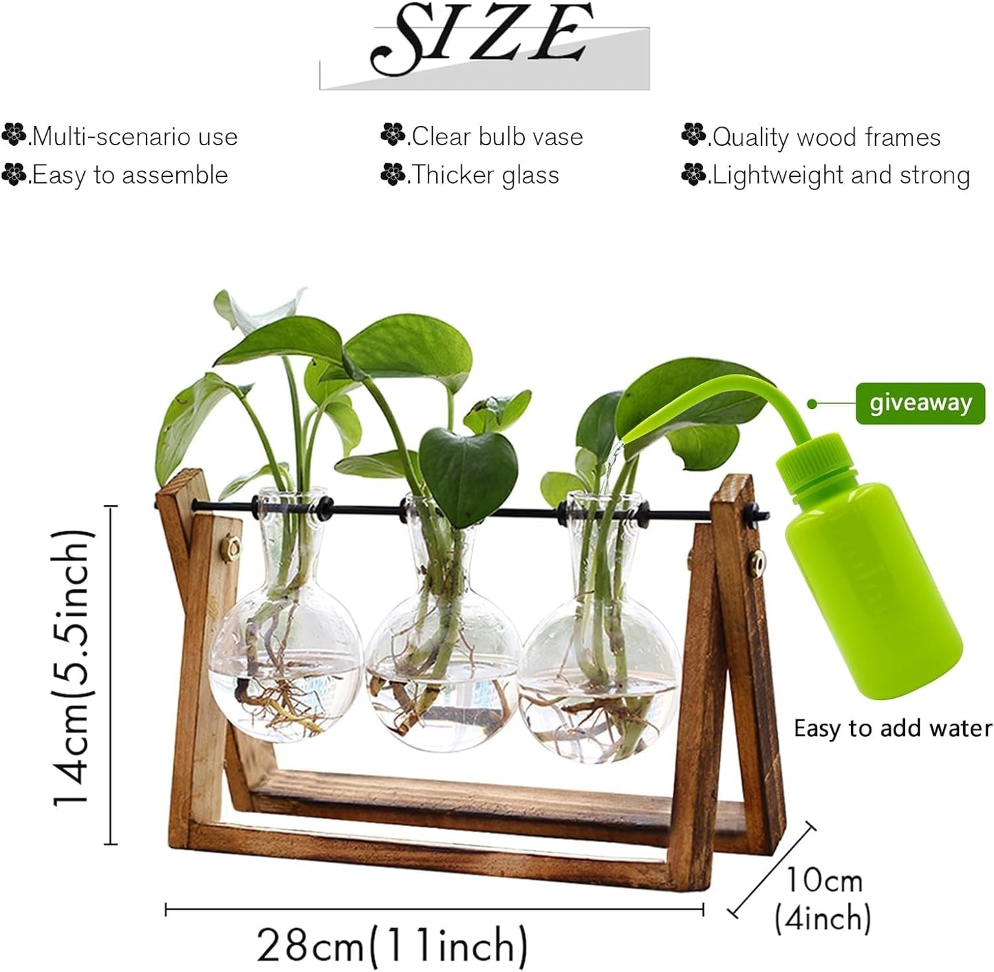 Plant Terrarium with Wooden Stand, Air Planter Bulb Glass Vase Metal Swivel Holder Retro Tabletop for Hydroponics Home Garden Office Decoration - 3 Bulb Vase