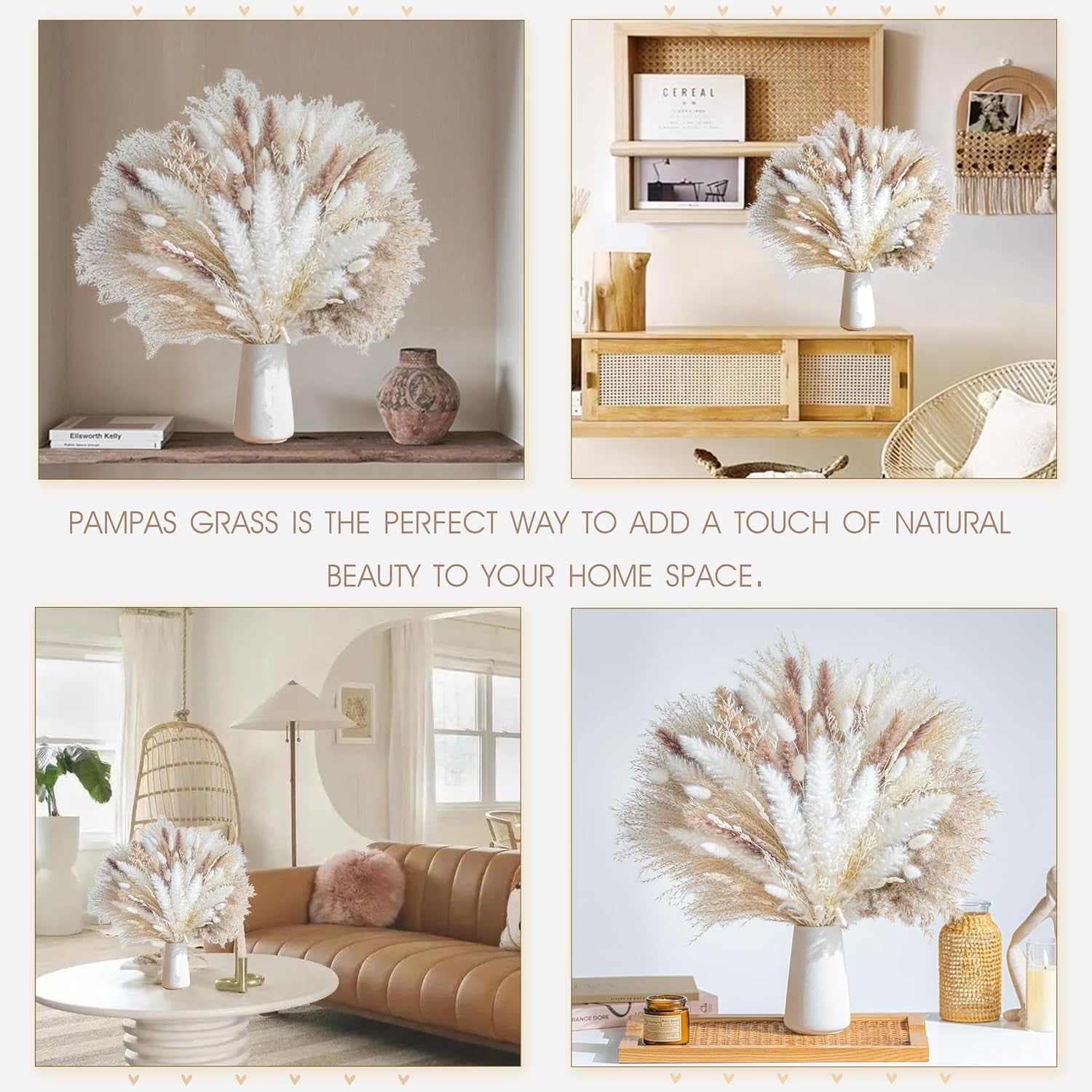 96PCS Natural Dried Pampas Grass Boho Home Decor Bouquet Phragmites Dried Flowers Bouquet for Wedding Floral Arrangements Home Decorations (96PCS)