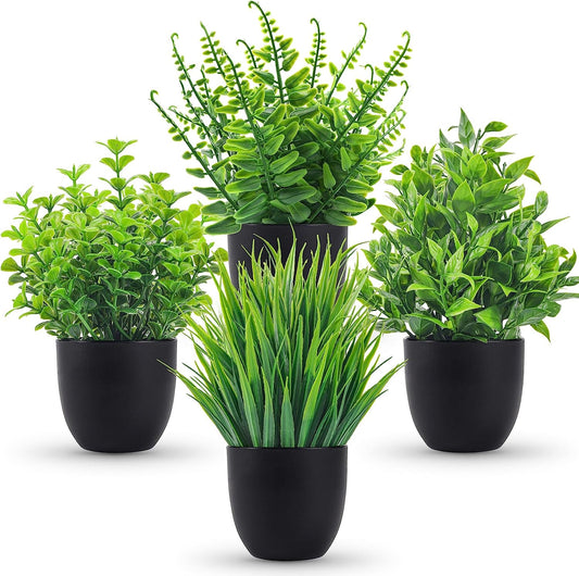 Fake Plants 4 Packs Artificial Plants Small Faux Plants in Black Pot for Bathroom Home Office Table Decor Indoor