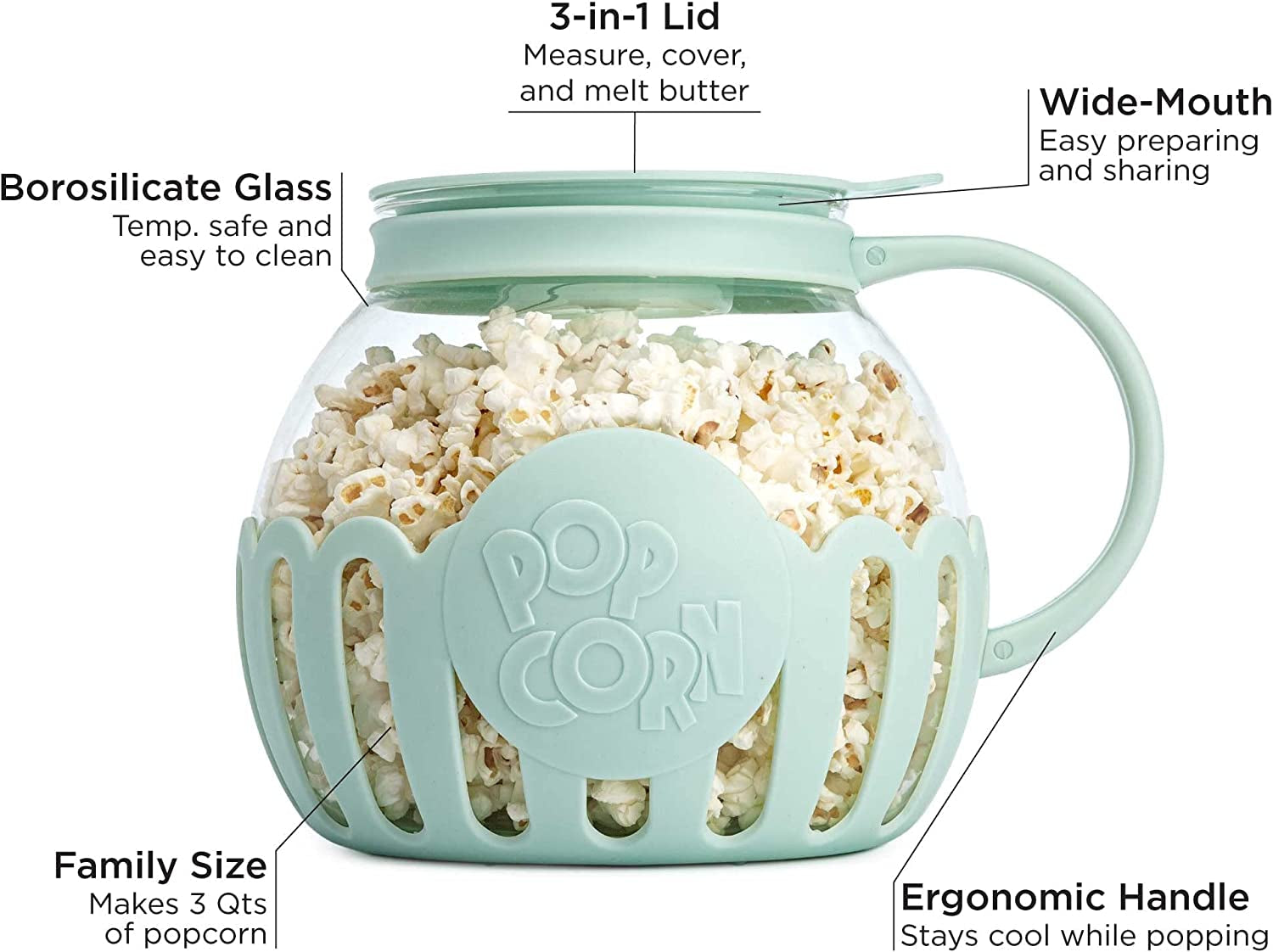 Patented Micro-Pop Microwave Popcorn Popper with Temperature Safe Glass, 3-In-1 Lid Measures Kernels and Melts Butter, Made without BPA, Dishwasher Safe, 3-Quart, Aqua