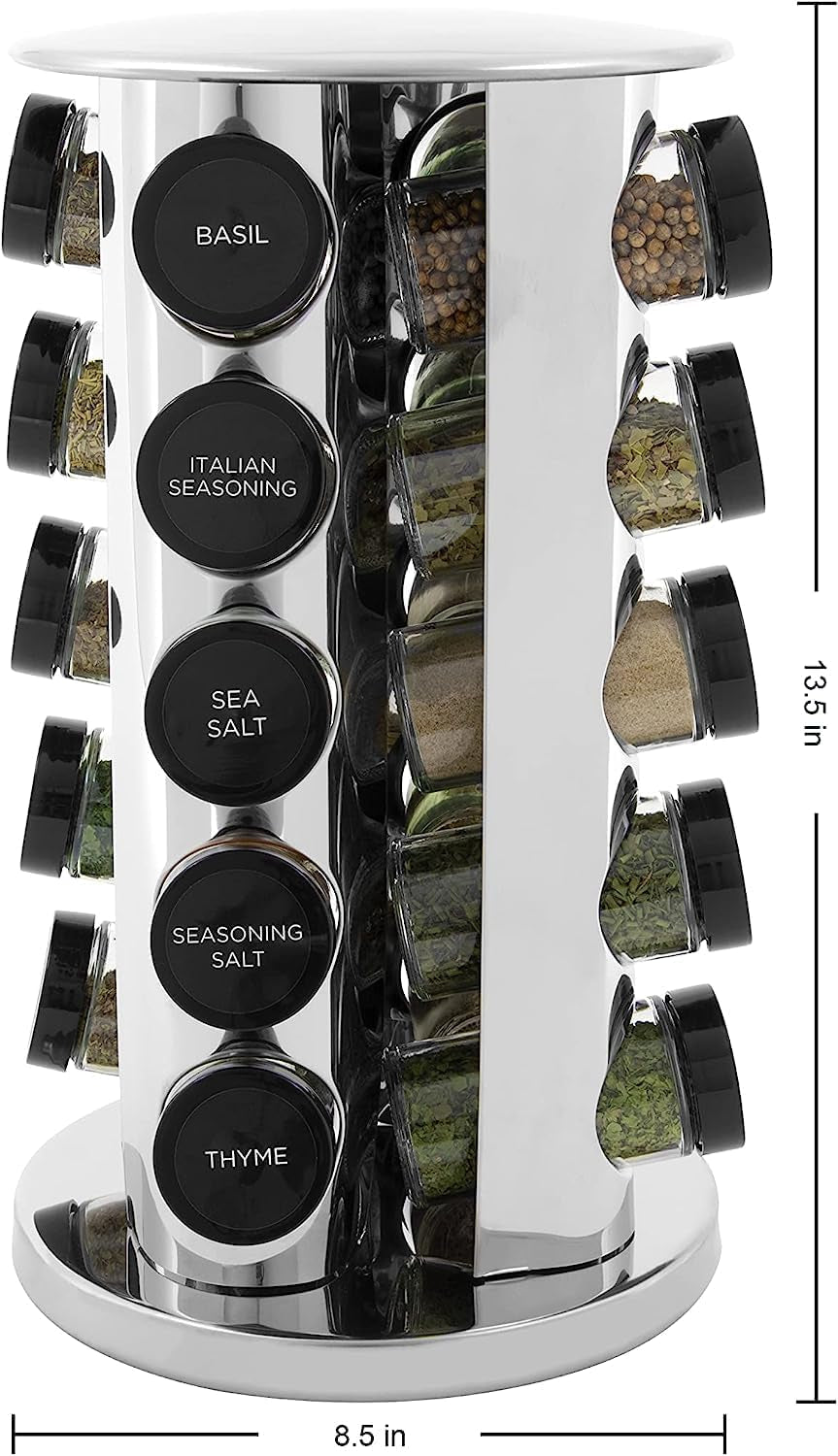 20 Jar Revolving Countertop Spice Rack with Spices Included, FREE Spice Refills for 5 Years, Polished Stainless Steel with Black Caps, 30020