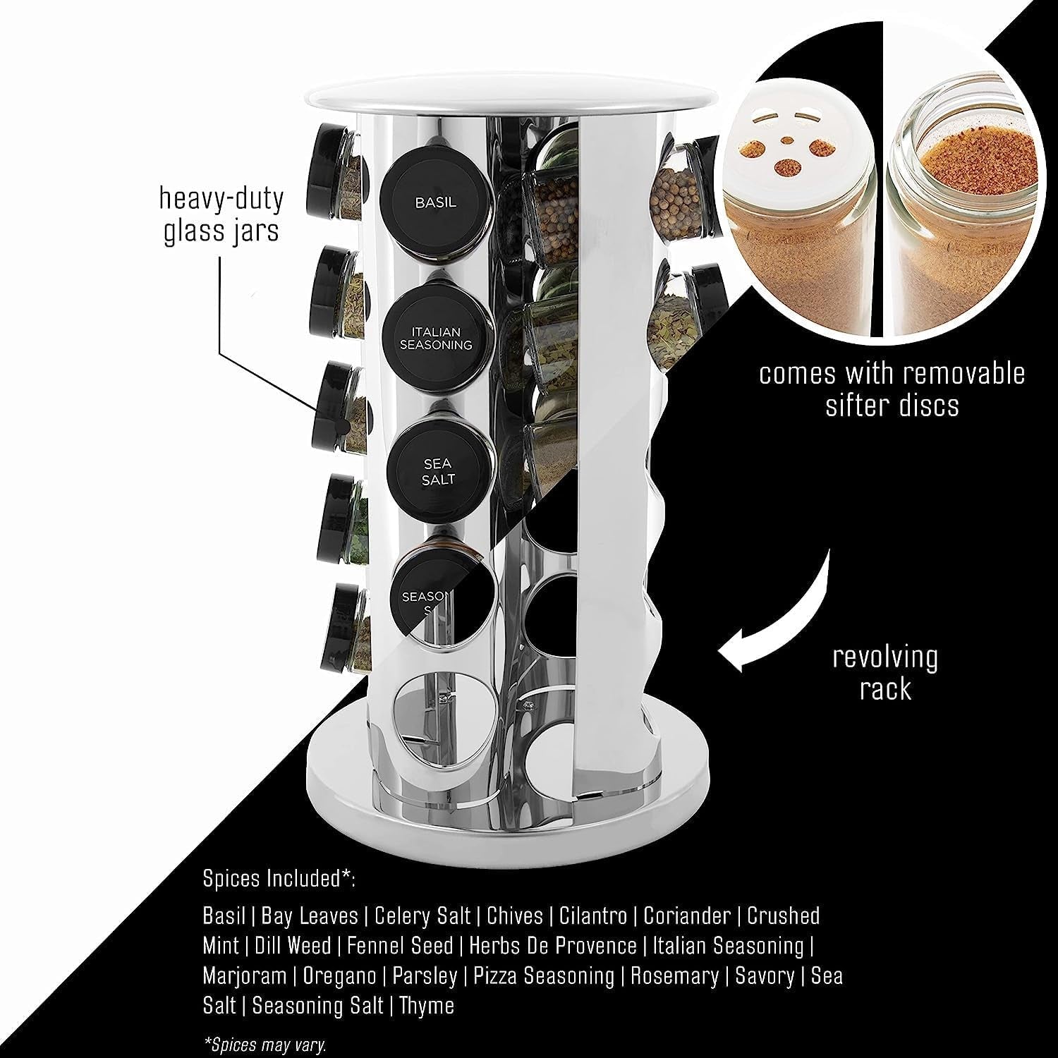 20 Jar Revolving Countertop Spice Rack with Spices Included, FREE Spice Refills for 5 Years, Polished Stainless Steel with Black Caps, 30020