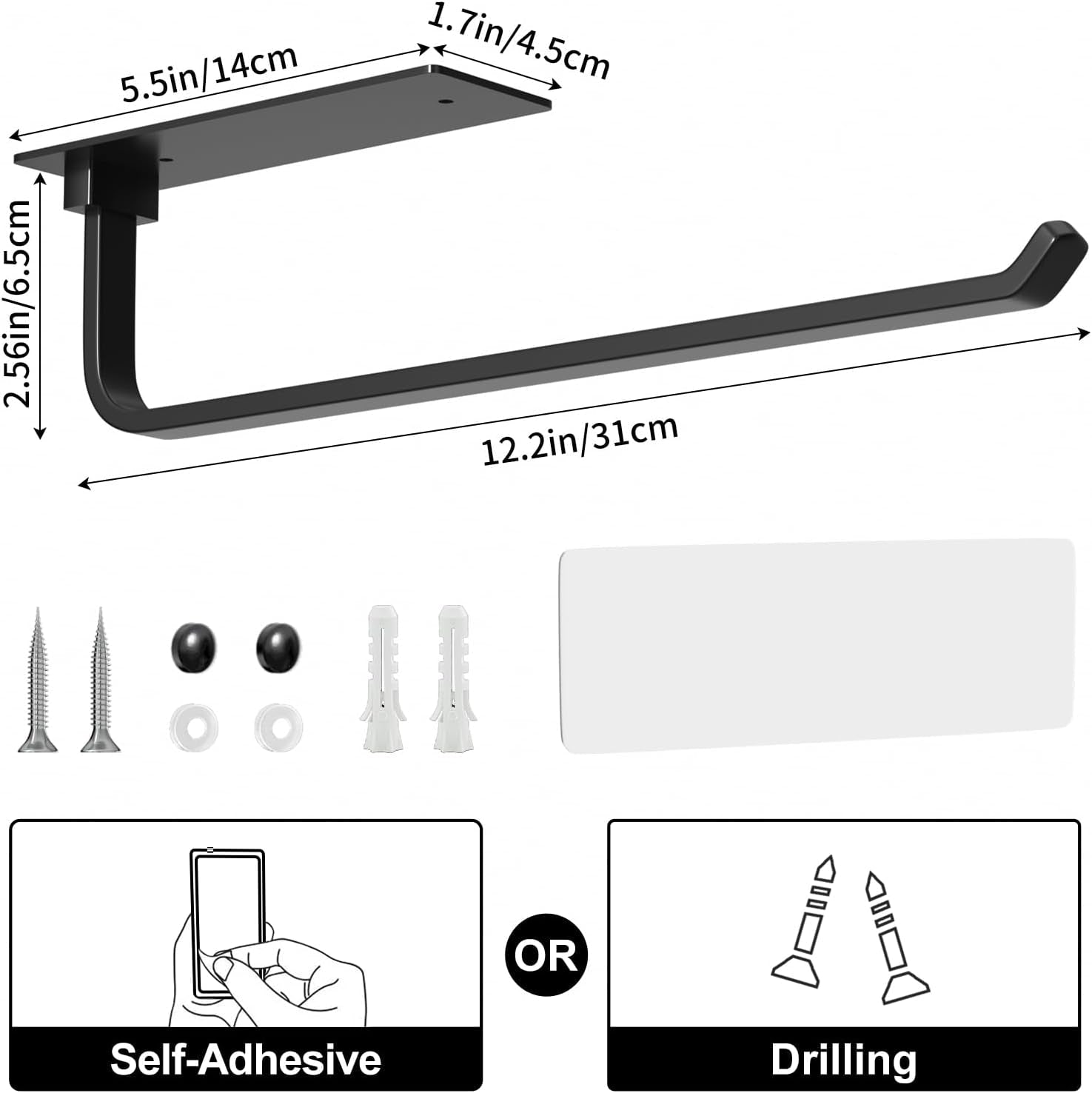 Paper Towel Holder - Self-Adhesive or Drilling, Matte Black Paper Towel Rack under Cabinet for Kitchen, Upgraded Aluminum Kitchen Roll Holder - Lighter but Stronger than Stainless Steel!