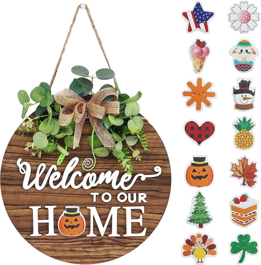 Interchangeable Seasonal Welcome Sign Front Door Decoration, Rustic round Wood Wreaths Wall Hanging Outdoor, Farmhouse, Porch, for Spring Summer Fall All Seasons Holiday Halloween Christmas.