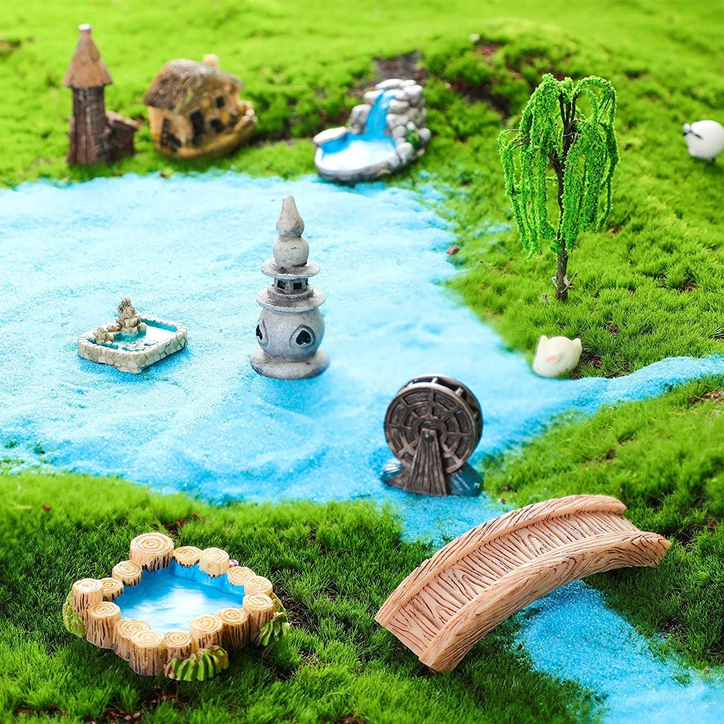 12 Pcs Garden Accessories Miniature Bridge Mini Lighthouse Water Well Bridge Figurines Pond Lawn Garden Ornament Figurines for DIY Craft Garden Decor (Classic Style)