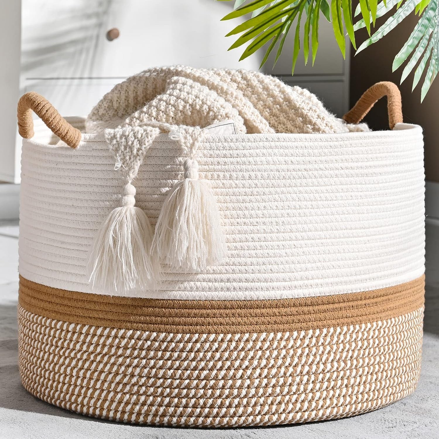 Large Blanket Basket (20"X13"),Woven Baskets for Storage Baby Laundry Hamper, Cotton Rope Blanket Basket for Living Room, Laundry, Nursery, Pillows, Baby Toy Chest (White/Brown)