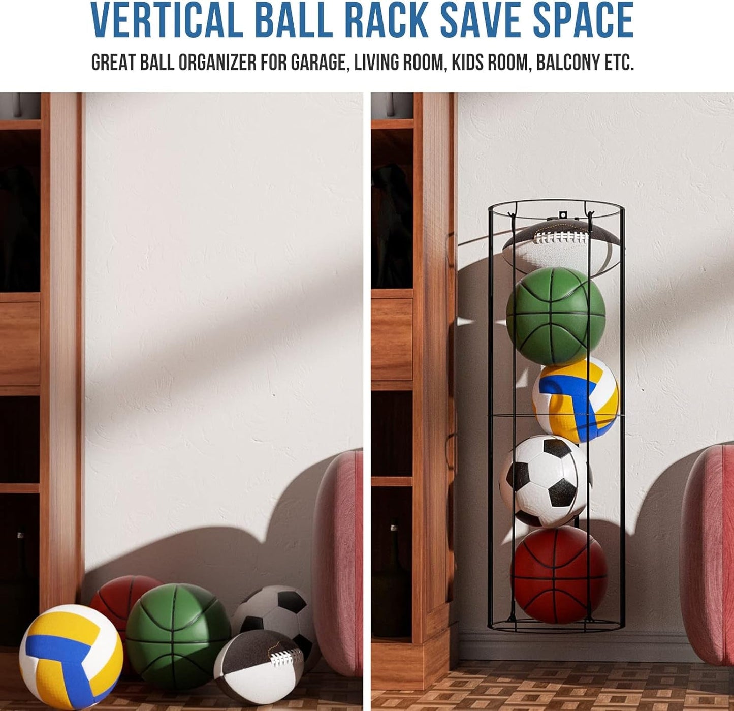 Garage Ball Storage Vertical Ball Rack, Basketball Soccer Ball Holder Wall Mount, Ball Cage Storage Rack for Balls, Sports Ball Organizer for Kids Room, Garage, Home - Easy to Assemble