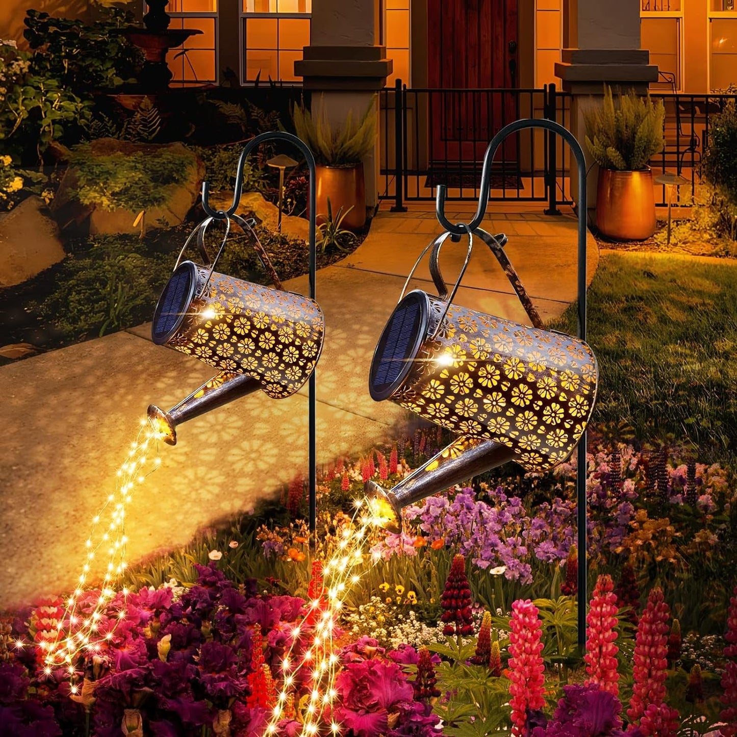 Outdoor Solar Watering Can with Lights Garden Decor Large Solar Powered Lanterns Hanging Waterproof LED Decorative Retro Metal Kettle String Lights for Table Yard Pathway Walkway Gardening Gifts